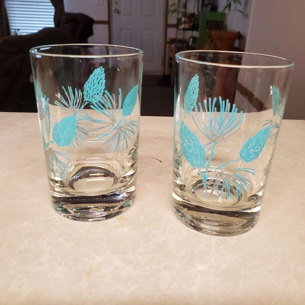 Vintage Marcrest Blue Spruce Pinecone Juice Glasses Set Of 2